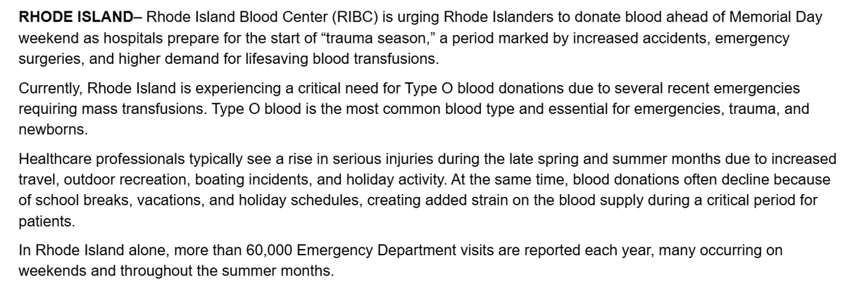 FitzProv's tweet photo. .@RIBloodCenter is urging Rhode Islanders to donate blood ahead of Memorial Day weekend as hospitals prepare for the start of “trauma season." https://t.co/u1VACbWD5S