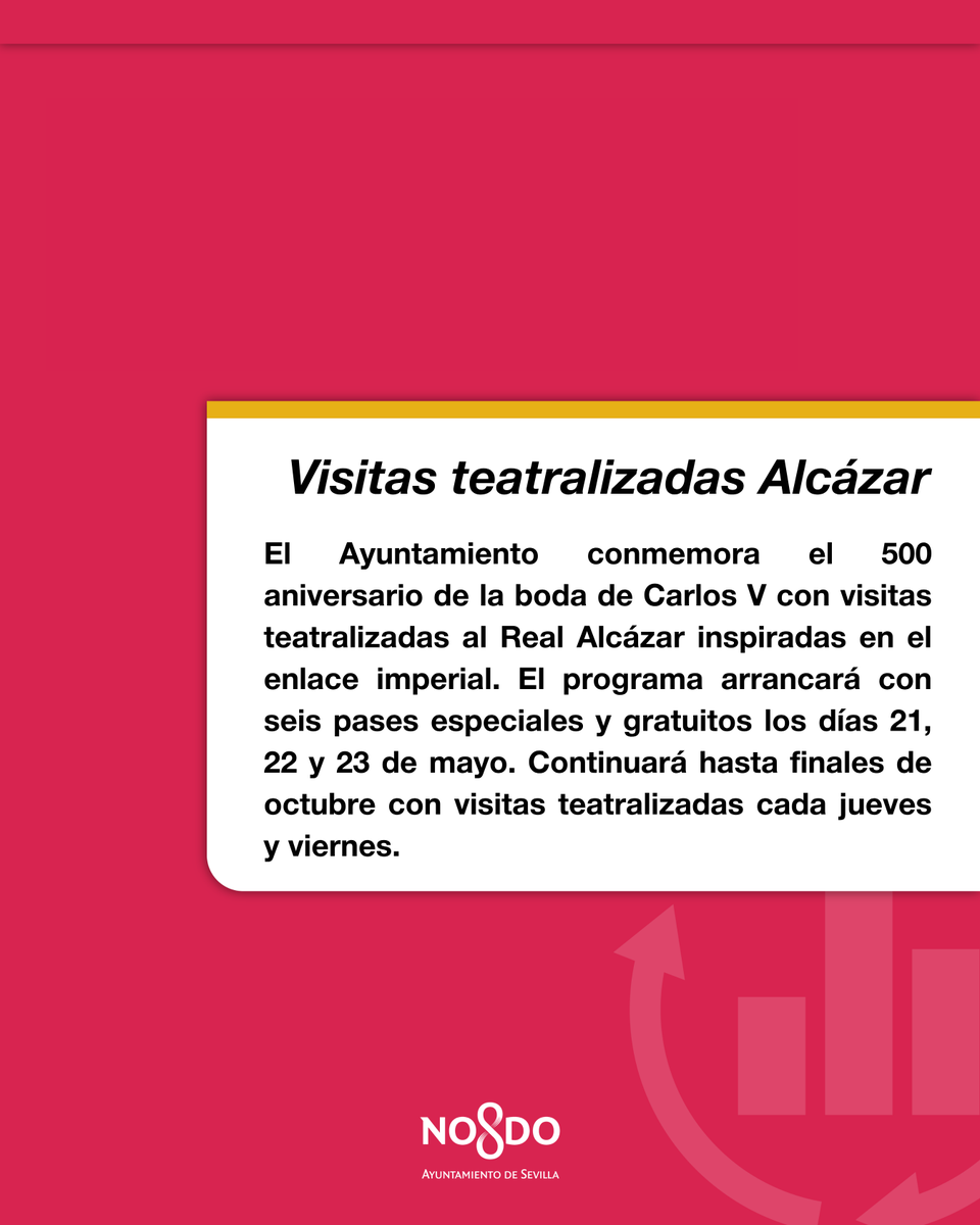 Ayto_Sevilla's tweet photo. 🤩¿Quieres visitar el @SevillaAlcazar disfrutando de una recreación teatralizada de la boda entre Carlos V e Isabel de Portugal👑?

🎟️Pases especiales GRATUITOS 21, 22 y 23 de mayo.
🕘21:00h y 22:15h.

Déjate envolver por la magia de la historia de Sevilla💫 https://t.co/7IJhI6cStg
