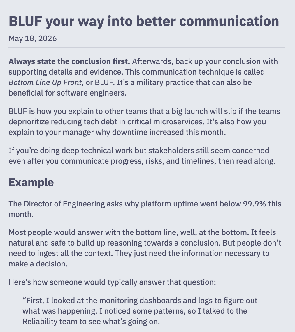 angeloTheGopher's tweet photo. Many software engineers do genuinely amazing technical work. Yet the way they talk about progress and risks to stakeholders leaves them confused.

Because of that, I wrote about how you can use the Bottom Line Up Front technique to improve your stakeholder communication. https://t.co/FiuZwh2bFY