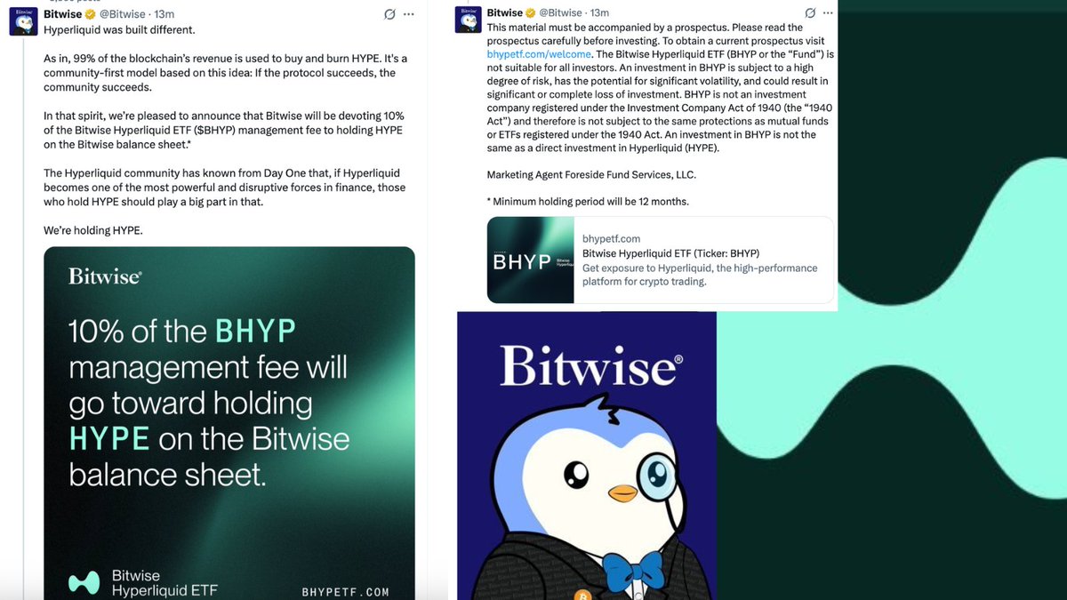 DegenerateNews's tweet photo. BREAKING: @Bitwise ANNOUNCES THAT IT WILL BE DEVOTING 10% OF THE BITWISE HYPERLIQUID ETF ($BHYP) MANAGEMENT FEE TO HOLDING hyperliquid:native ON THE BITWISE BALANCE SHEET* https://t.co/uMMVWXSH1e