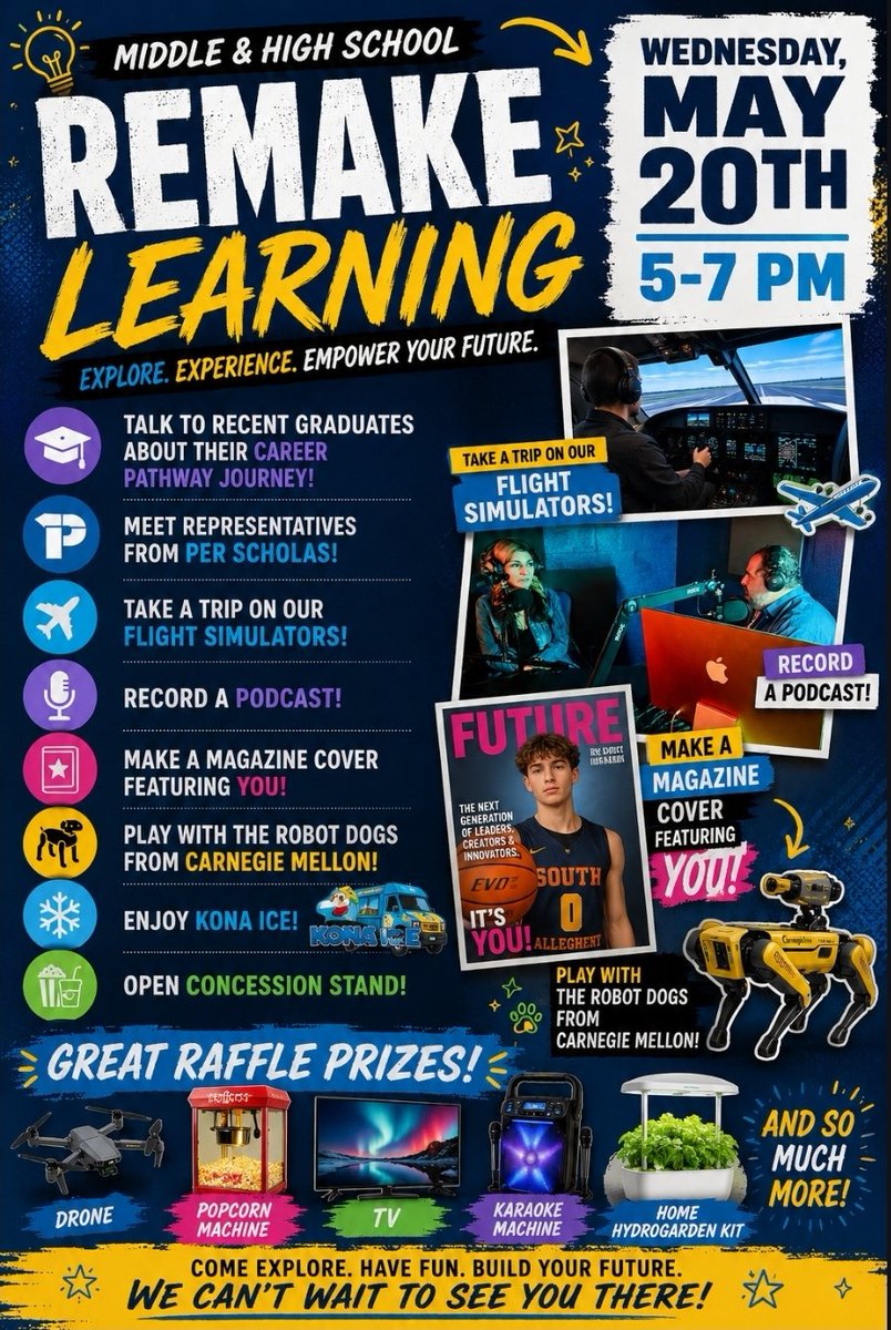 southallegheny's tweet photo. 🌟🎉SA @remakelearning Days! 💙💛 📍SAE: May 19 | 5–7 PM
VR, animation, meteorology, electric art, engineering &amp; more! 
📍MS/HS: May 20 | 5–7 PM Flight simulators, podcasts, CMU robot dogs, career talks. HUGE giveaways including drone, TV &amp; more!  FREE family fun! #RemakeLearning https://t.co/edpYJDLqYD