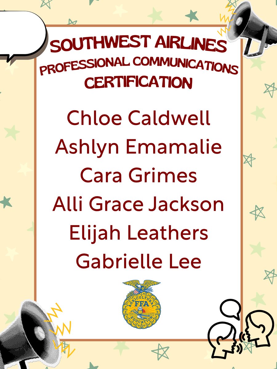 EaglevilleFFA's tweet photo. Congrats to the following students for passing the Southwest Airlines Professional Communications Industry Certification! We are proud of these students for their hard work, professionalism, and commitment to developing strong communication skills! @RuCoCTE @Tim_PedigoEAG https://t.co/sAAjreF2NM