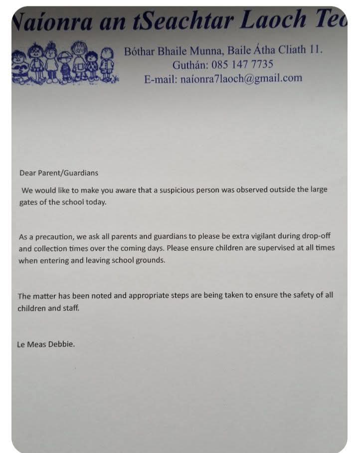RealIrishNews's tweet photo. Notice being distributed to parents at a Ballymun school. https://t.co/PteRA0WAUS