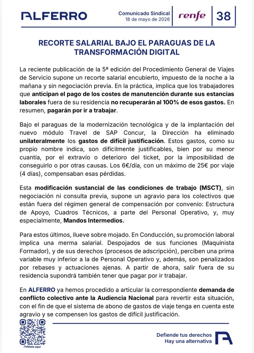 ALFERRO_org's tweet photo. 🚨 Recorte salarial encubierto en RENFE.

La empresa elimina los gastos de difícil justificación y obliga a muchos trabajadores a pagar por ir a trabajar.

📢 ALFERRO ya ha demandado ante la Audiencia Nacional.

#Renfe #ALFERRO #DerechosLaborales https://t.co/VSSUqj0uvH