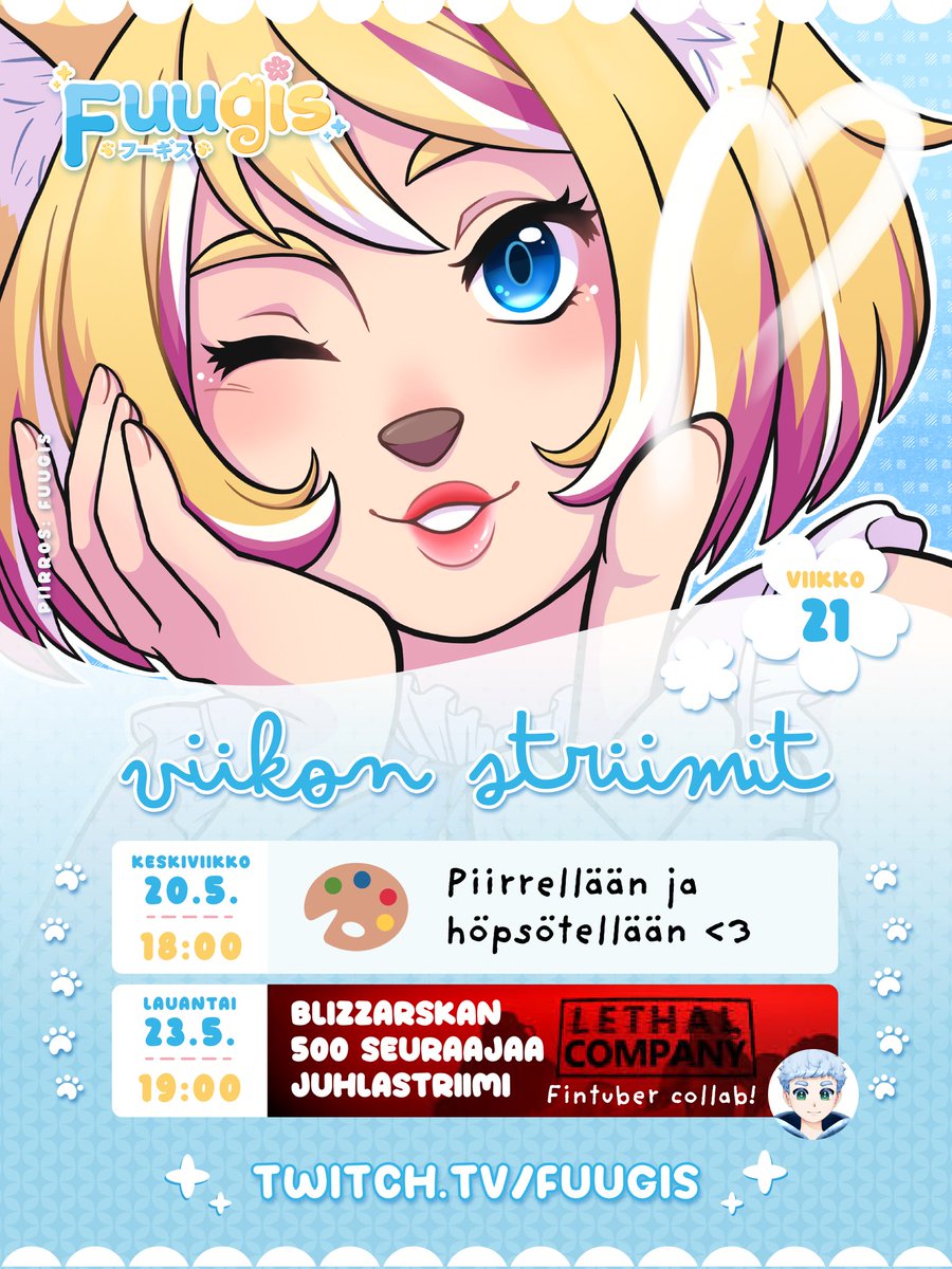 FuuStreams's tweet photo. Tämän viikon striimit! 🙌✨

Keskiviikkona piirtelyä ja lauantaina mukana @Blizz4rsk4 juhlastriimissä pelailemassa Lethalia 😎
(En tiedä vielä striimaanko omaa POVia, selviää myöhemmin)

Nähdään striimeissä 🐶💖 https://t.co/QfdLrWq07M