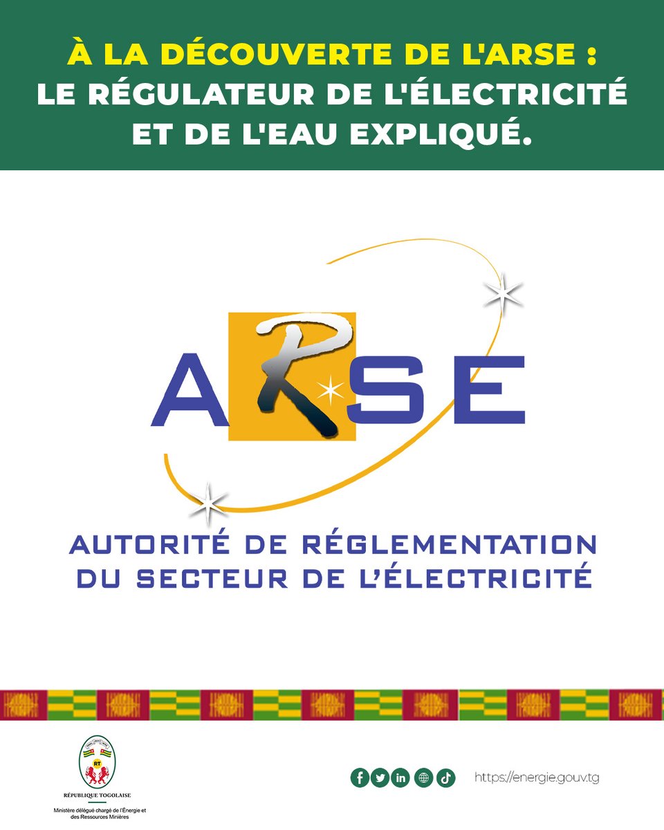 mineenergie_tg's tweet photo. 💡 À la découverte de l'ARSE : le régulateur de l'électricité et de l'eau expliqué.

L'Autorité de Réglementation du Secteur de l'Électricité (ARSE)  est un établissement public doté de l'autonomie financière, créé par la loi n° 2000-012 du 18 juillet 2000 relative au secteur de l'électricité. Depuis 2011, la loi n° 2011-024 du 04 juillet 2011 lui a confié également la mission de régulation du sous-secteur de l'eau potable et de l'assainissement collectif des eaux usées domestiques.

🎯  En tant qu'instance de régulation entre l'État, les opérateurs et les consommateurs, l'ARSE exerce plusieurs missions fondamentales :

✅  La réglementation :

L'ARSE propose les normes techniques et les règles nécessaires pour encadrer les activités dans le secteur de l’électricité.

✅ Le contrôle et la surveillance :

Elle vérifie le respect des engagements contractuels des opérateurs (CEET, TdE, concessionnaires) et contrôle la conformité technique des installations.

✅ L'octroi des autorisations :

Elle examine les demandes et délivre les titres permettant l'installation et l'exploitation d'unités de production d'électricité.

✅ La protection des droits des usagers :

L'ARSE reçoit et traite les plaintes des consommateurs et met en œuvre, si nécessaire, des procédures de conciliation ou d'arbitrage pour régler les litiges entre les acteurs.

✅ La régulation tarifaire :

Elle émet des avis sur les tarifs de vente et d'achat de l'énergie électrique et de l'eau, afin d'assurer l'équilibre financier des secteurs régulés tout en tenant compte du pouvoir d'achat des citoyens.

Ces missions font de l'ARSE l'instance de référence pour la surveillance des services publics essentiels que sont l'électricité et l'eau au Togo.

#ARSE #ElectricteTogo #Controle #Regulation

@GouvTg
