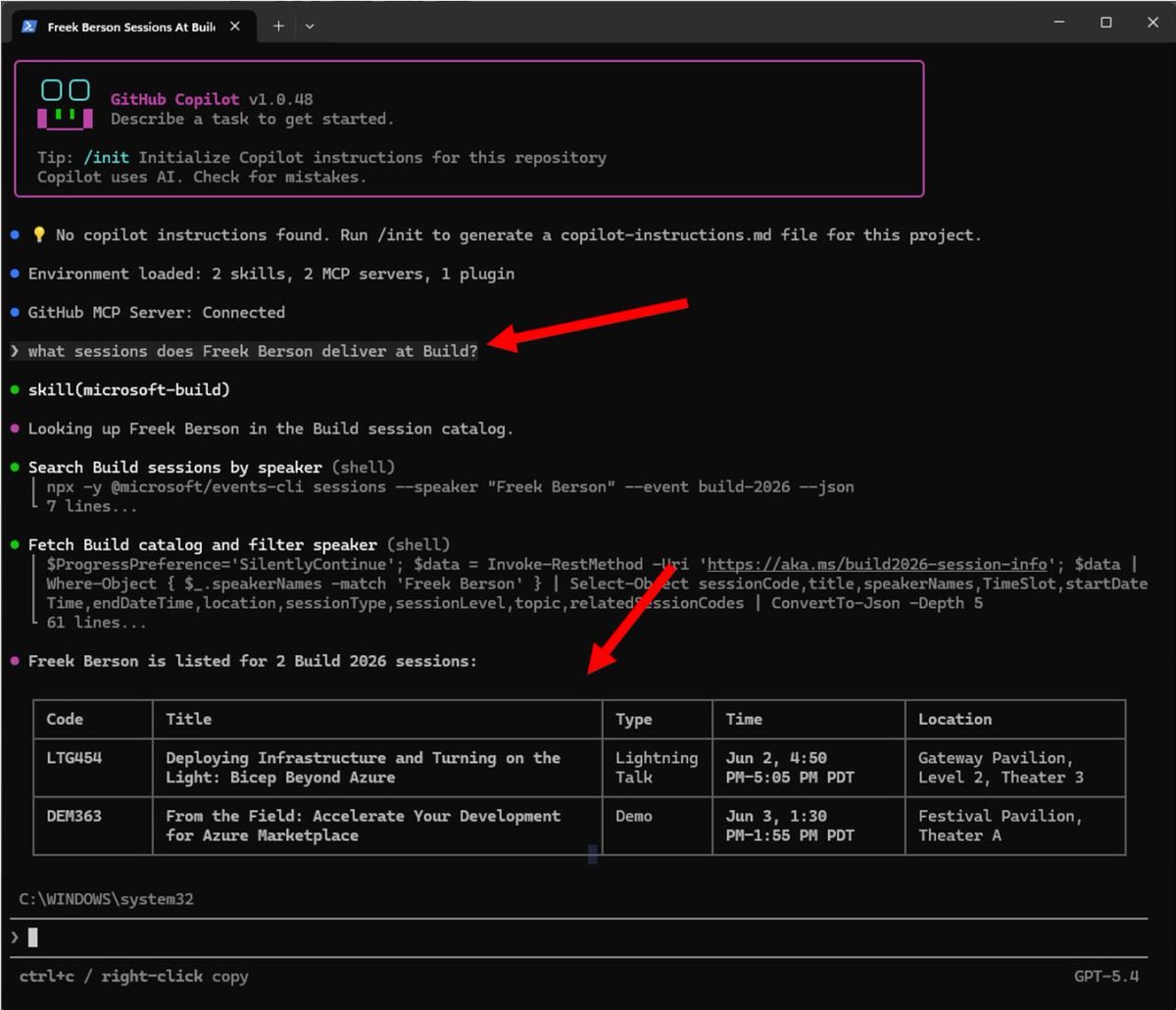 fberson's tweet photo. Ok, this is seriously cool! The Microsoft #MSBuild CLI is live! A #GitHub #Copilot CLI skill that connects your local project to the Microsoft Build session catalog. It reads your dependencies, finds relevant sessions, all from your terminal! 😎💪
@msdev #MVPBuzz https://t.co/plTHMRPVXT