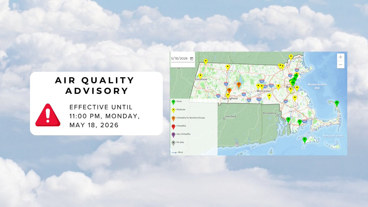 MassDEP's tweet photo. Air Quality Advisory: #MassDEP has posted an Air Quality Advisory for sensitive populations, effective today from 11am to 11pm for Hampden and Hampshire Counties. https://t.co/HAwSq25fTo https://t.co/5YdGCet5Bj