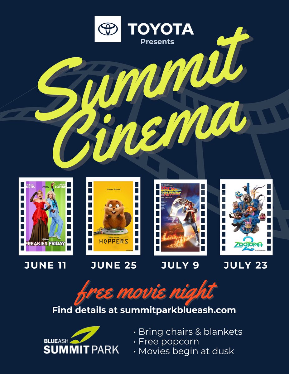 summitblueash's tweet photo. 🎬 FREE movie nights return to Summit Park this summer!

The 2026 Toyota Presents Summit Cinema lineup is here:
Freakier Friday — June 11
Hoppers — June 25
Back to the Future — July 9
Zootopia 2 — July 23

Movies begin at dusk with free popcorn while supplies last ✨ https://t.co/QJoXBWk7lZ