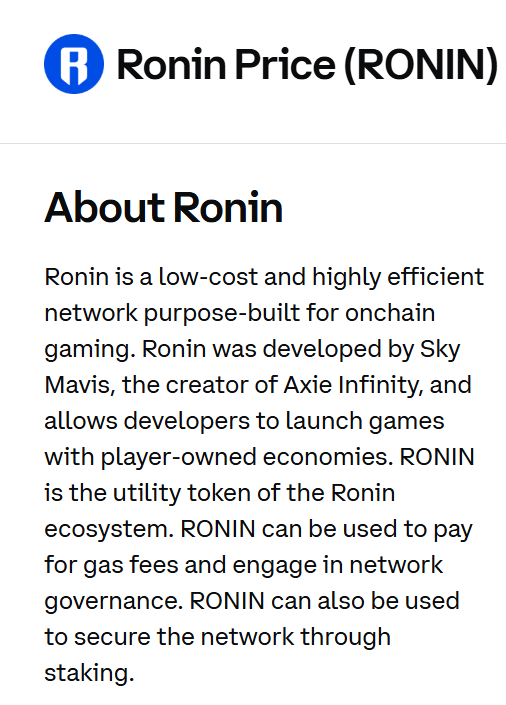 Garrison_'s tweet photo. Congrats to @Ronin_Network for getting $RON listed on Coinbase again after the migration!

Take a look at the description of Ronin on Coinbase and you will quickly see there is a lot of work left to do to redefine what the $RON tokens role will be in this new era

Any ideas? https://t.co/ps4t4aqWJ7