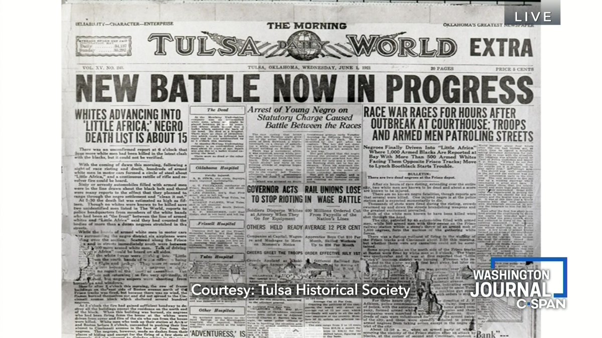 CSPANClassroom's tweet photo. #OTD in 1921, a mob of white residents of Tulsa, OK attacked black residents and businesses, resulting in the deaths of around 100 people. Learn more from @UofOklahoma's Kalenda Eaton and others: https://t.co/Iq2wy8tUJ9.

#APUSH #USHistory #SSChat #EdChat #TulsaRaceMassacre https://t.co/bbjwYjKPaH