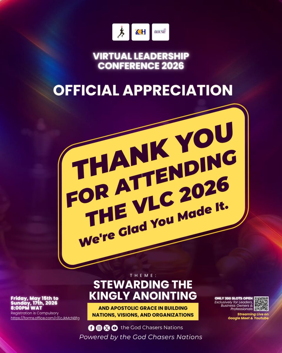 tGC_Nations's tweet photo. APPRECIATION!!
As we conclude the tGCN Virtual Leadership Conference 2026, we express our  appreciation to every speaker, attendee, and leader who contributed to the success of this conference 
Thank you for being part of this  conference.

With gratitude,
the God Chasers Nations https://t.co/ykLZCTgE5e