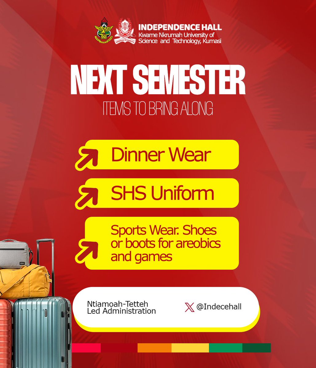 Indece_hal's tweet photo. The Executives of Independence Hall wish to inform all residents of the items they are required to bring along for the second semester.

Let’s return ready for every activity. 
Pack right, stay sharp and let’s make the semester a memorable one

SPARTANS:Always A Step Ahead! https://t.co/j7eFwFKv6K