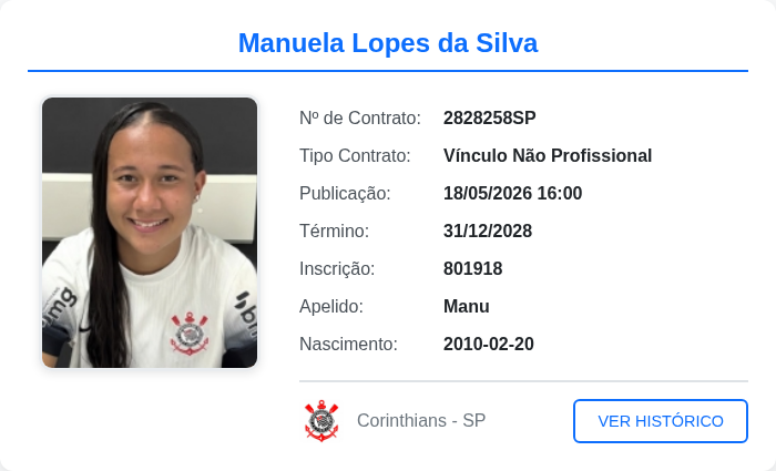 biddotimaoo's tweet photo. Jogador publicado no BID: Manuela Lopes da Silva

Publicado em: 18/05/2026 16:00

Tipo de contrato: Vínculo Não Profissional
            
Data de término do contrato: 31/12/2028

#ManuelaLopesdaSilva #BID #Corinthians https://t.co/T4ws0u5x6P