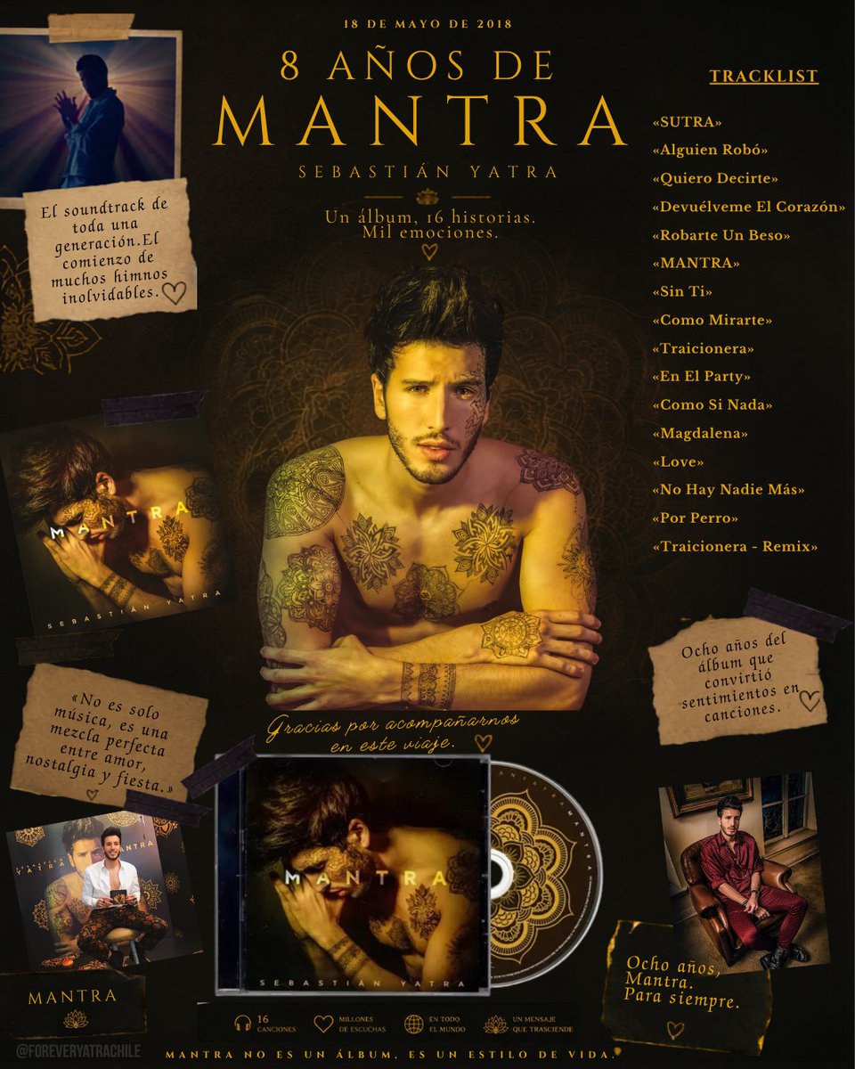 ForeveryatraChi's tweet photo. Hoy celebramos 8 años de MANTRA!!!!

8 años de canciones que se volvieron recuerdos, refugio y compañía para tantos de nosotros durante mucho tiempo 💛

Gracias, @SebastianYatra , por regalarnos un álbum tan especial. 

Gracias por este viaje, MANTRA ✨ https://t.co/r0YoGwmyZO