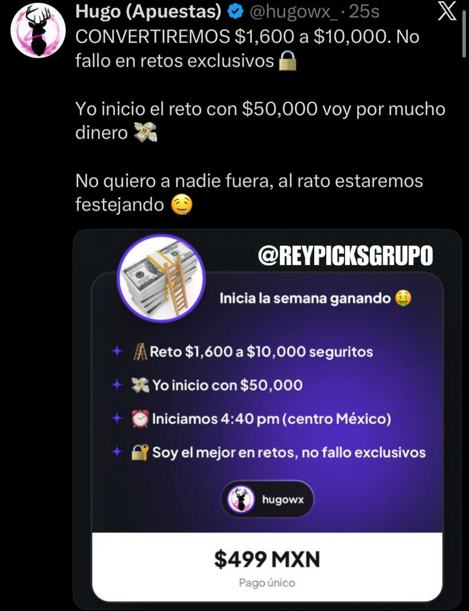 PickCristianRey's tweet photo. Ya compré el RETO $1,600 A $10,000 MXN de HugoWX 🐐🪜💸

• En cuanto lleguemos a 70 RT 🔄 lo pasaré GRATIS en mi canal 👇🏻🎁

👉 Aquí: https://t.co/Bgh2xaWWaz 👈

👉 Aquí: https://t.co/Bgh2xaWWaz 👈 https://t.co/XPTyLizRB8