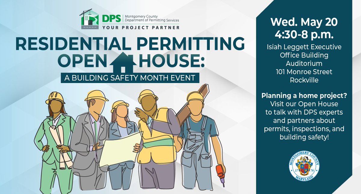 TrackDad34's tweet photo. Montgomery County Dept of Permitting Services,  City of Gaithersburg Permitting and City of Rockville CPDS hosting a Residential Open House to provide permitting outreach and assistance to county residents this Wed May 20 from 4-8 @ Exec Office Bldg for Building Safety Month https://t.co/AuSogfwH8M