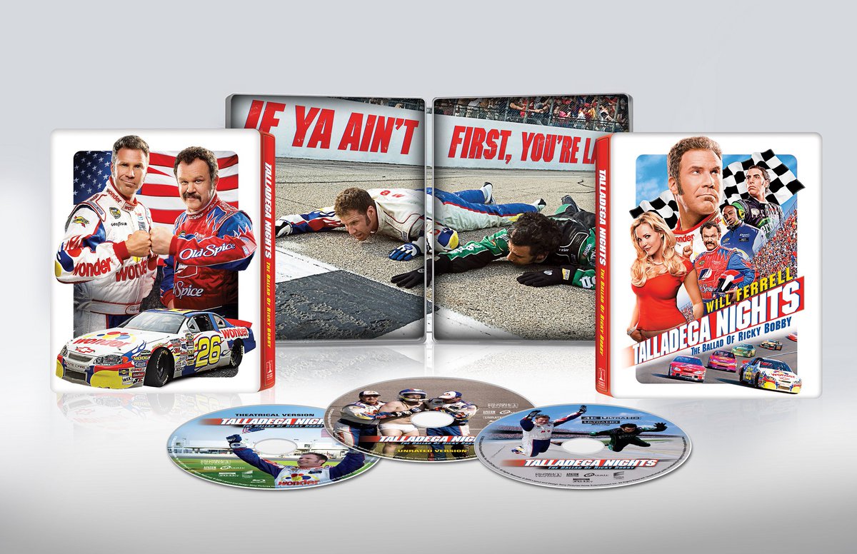 disc_connected's tweet photo. ***ANNOUNCEMENT***

Coming on August 4th on #4K/Blu-ray dual format #SteelBook in the US from @SonyPictures: #TalladegaNights: The Ballad of #RickyBobby (2006)!

The fastest man on four wheels, Ricky Bobby (WILL FERRELL) is one of the greatest drivers in NASCAR history. A big, hairy American winning machine, Ricky has everything a dimwitted daredevil could want, a luxurious mansion, a smokin’ hot wife (LESLIE BIBB) and all the fast food he can eat. But Ricky’s turbo-charged lifestyle hits an unexpected speed bump when he’s bested by flamboyant Euro-idiot Jean Girard (SACHA BARON COHEN) and reduced to a fear-ridden wreck. Losing his wife and job to best bud and fellow fool, Cal Naughton, Jr. (JOHN C. REILLY), Ricky must kick some serious asphalt if he’s to get his career back on the track, beat Girard and reclaim his fame and fortune. ‘Cause as Ricky Bobby always says, IF YOU AIN’T FIRST, YOU’RE LAST!

DISC DETAILS & BONUS MATERIALS

4K ULTRA HD DISC

Both 108-minute Theatrical & 122-minute Unrated Versions presented in 4K resolution with Dolby Vision, restored from the original camera negative
English Dolby Atmos (for both versions) + English 5.1 (for both versions)
THEATRICAL VERSION BLU-RAY DISC™
Theatrical Version of the film

English 5.1
Special Features:
“25 Years Later” Commentary
13 Deleted and Extended Scenes
Line-O-Rama 2.0
Interviews with Ricky & Jean
4 Raw Takes
Adam McKay’s Video Diaries
4 Auditions
UNRATED VERSION BLU-RAY DISC™
Unrated Version of the film
English 5.1

Special Features:
Director & Friends Commentary
Deleted and Extended Scenes
Gag Reel
Line-O-Rama
Interviews
“Will Ferrell Returns to Talladega” Featurette
Bonus Race Footage
“Walker & Texas Ranger” Featurette
Ricky and Cal’s Commercials and Public Service Announcements
Theatrical Trailer
SPECS
Run Time: Theatrical Version Approx. 108 minutes / Unrated Version Approx. 122 minutes

4K UHD Feature Picture: 2160p Ultra High Definition, 2.40:1

4K UHD Feature Audio: English Dolby Atmos (Dolby TrueHD 7.1 Compatible) | English 5.1 DTS-HD MA
#BluRay #PhysicalMedia #BluRays #BoutiqueBluRay #CultMovies #DiscConnected #SteelBooks #WillFerrell #AdamMcKay #JohnCReilly #SachaBaronCohen #GaryCole #MichaelClarkeDuncan
