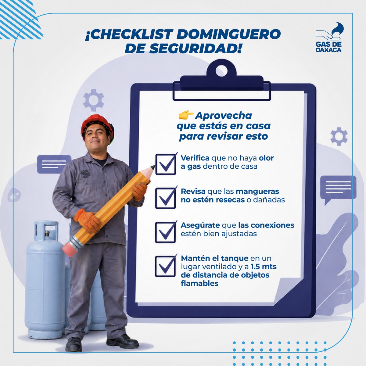 GASDEOAXACA's tweet photo. A veces una pequeña revisión puede hacer una gran diferencia.

Ya que estás en casa este domingo, aprovecha para revisar algunos puntos básicos de seguridad en tu instalación de gas LP.

Porque cuando se trata de seguridad, ningún detalle está de más.

#gasdeoaxaca #domingo https://t.co/jJldLmwYnb
