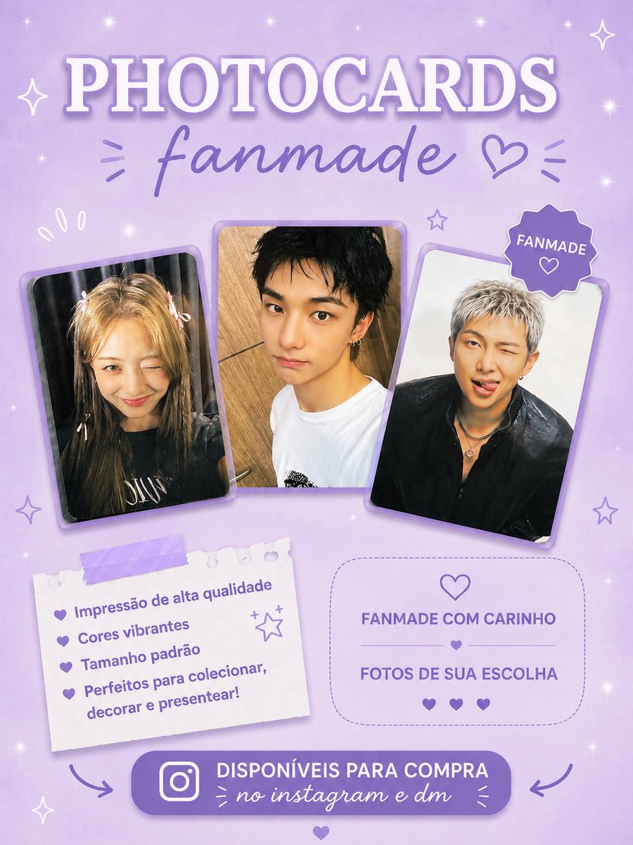 loki_sstore's tweet photo. 💜 Photocards fanmade do jeitinho que você ama!
Escolha suas fotos favoritas e transforme em photocards perfeitos para colecionar, decorar ou presentear ✨

♡ Impressão de alta qualidade
♡ Cores vibrantes
♡ Tamanho padrão
♡ Fotos da sua escolha

📦 Disponíveis para compra pelo Instagram e DM.

#lokistore #toploader #phonestrap #chaveiro #pulseira #kpop