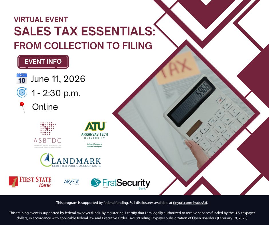 ATUSBTDC's tweet photo. Arkansas small business owners: Join us June 11 for a free online sales tax workshop. We’ll cover food tax, local rates, and a live ATAP filing demo. Free to register: https://t.co/drsGvK4HPX https://t.co/924bQ739GP