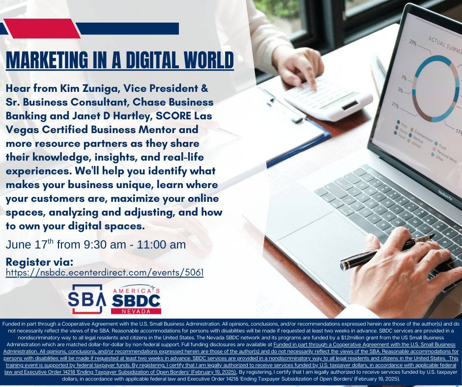 NevadaSBDC's tweet photo. At the Marketing in a Digital World training, you will hear from several industry professionals as they share their knowledge, insights, and real-life experiences. They will help you identify how to own your digital spaces!

#nevadabusiness #digitalmarketing https://t.co/WBjNCM3ipp