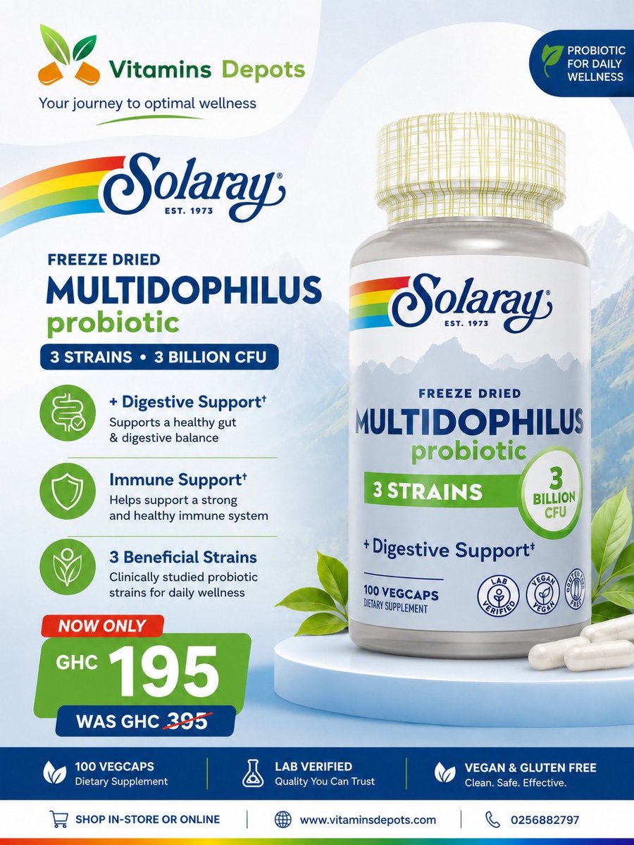 Vitaminsdepots's tweet photo. Happy gut. Stronger you. 🌿✨

Solaray Freeze Dried Multidophilus Probiotic 3 Strains, 100 VegCaps, supports digestive balance, healthy gut flora, and everyday immune wellness.

Now just Ghc195. Your gut will thank you. 💚

#health #solaray #gut #digestivehealth https://t.co/puCPWIkFck