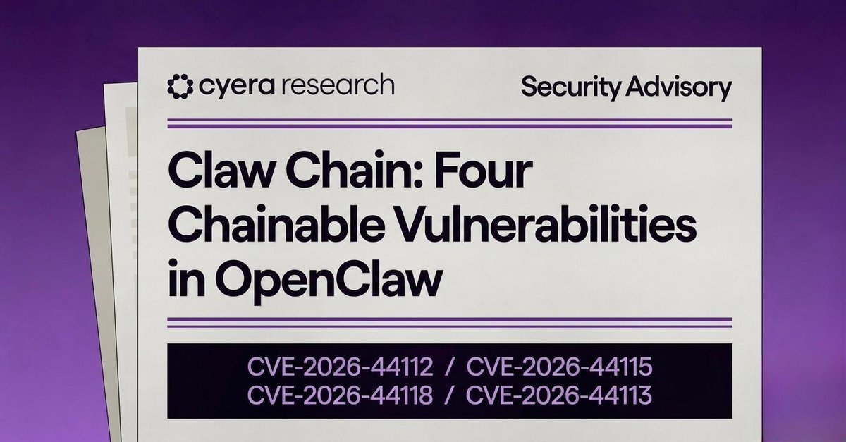 cyera_io's tweet photo. Cyera Research has just disclosed Claw Chain, a series of four chainable vulnerabilities in @openclaw, the open-source platform for autonomous AI agents. At the top of the chain is CVE-2026-44112, a CVSS 9.6 CRITICAL sandbox escape. https://t.co/6vL2oijeu2