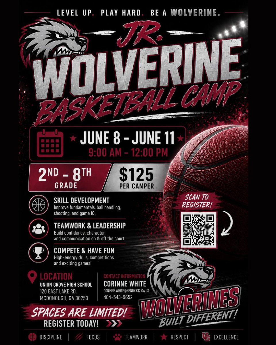 UGHS_Wolverines's tweet photo. 🏀 UGHS Jr. Wolverine Basketball Camp is here!
📅 June 8–11
⏰ 9 AM–12 PM
📍 UGHS Main Gym
👟 Rising 2nd–8th graders
Register by 5/20 to guarantee a camp shirt! Spots are limited.
📲 Scan the QR code to sign up!
Questions? Contact Coach White
📧 corinne.white@henry.k12.ga.us https://t.co/whNlQ1StJk