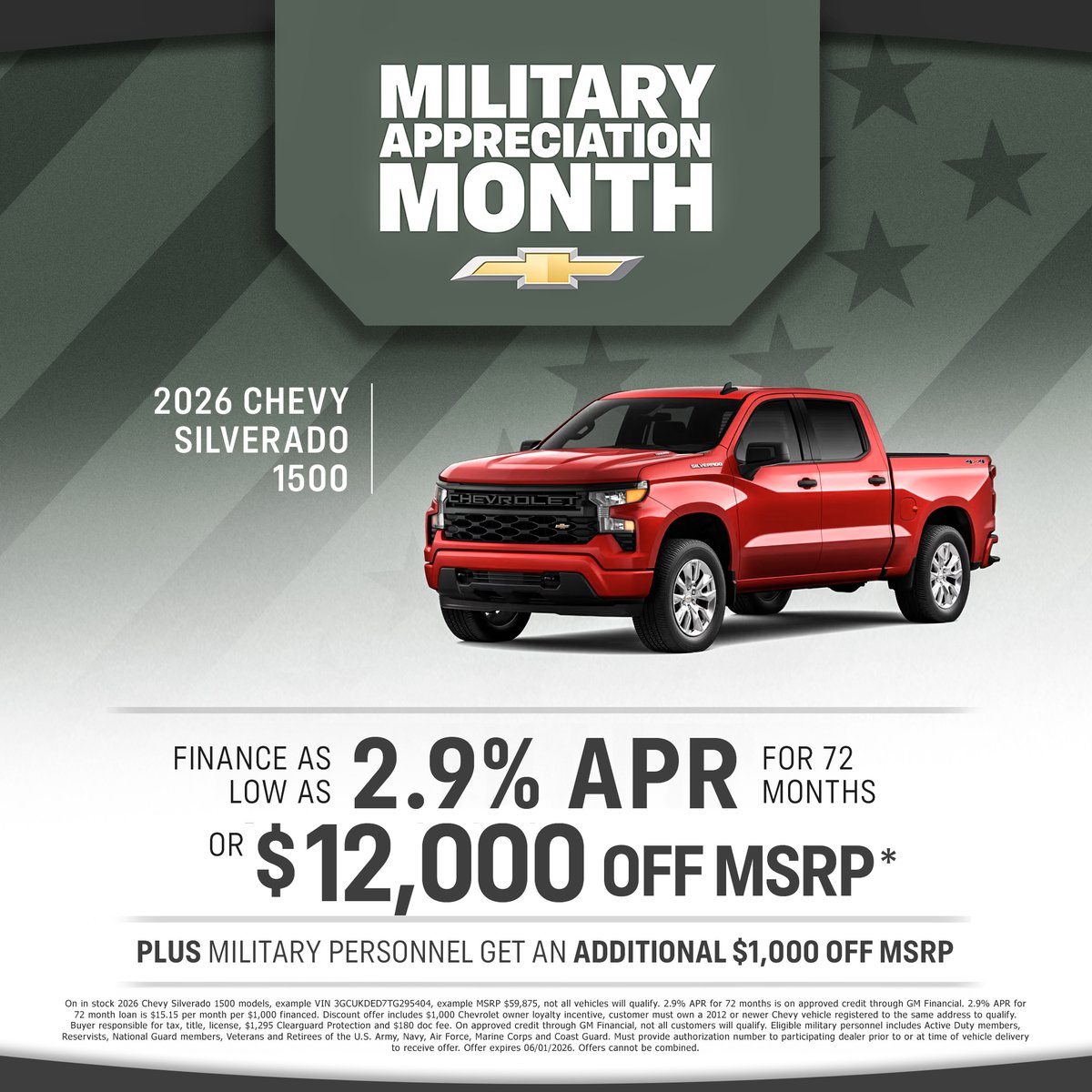 McGrathAuto's tweet photo. 2026 Chevy Silverado 1500 Military Appreciation Month Savings. Finance as low as 2.9% APR for 72 months or take $12,000 off MSRP. Military personnel receive an additional $1,000 off. Offer expires 6/1/2026. Stop in today deals like this don't last long. https://t.co/Hm3weSVHWu
