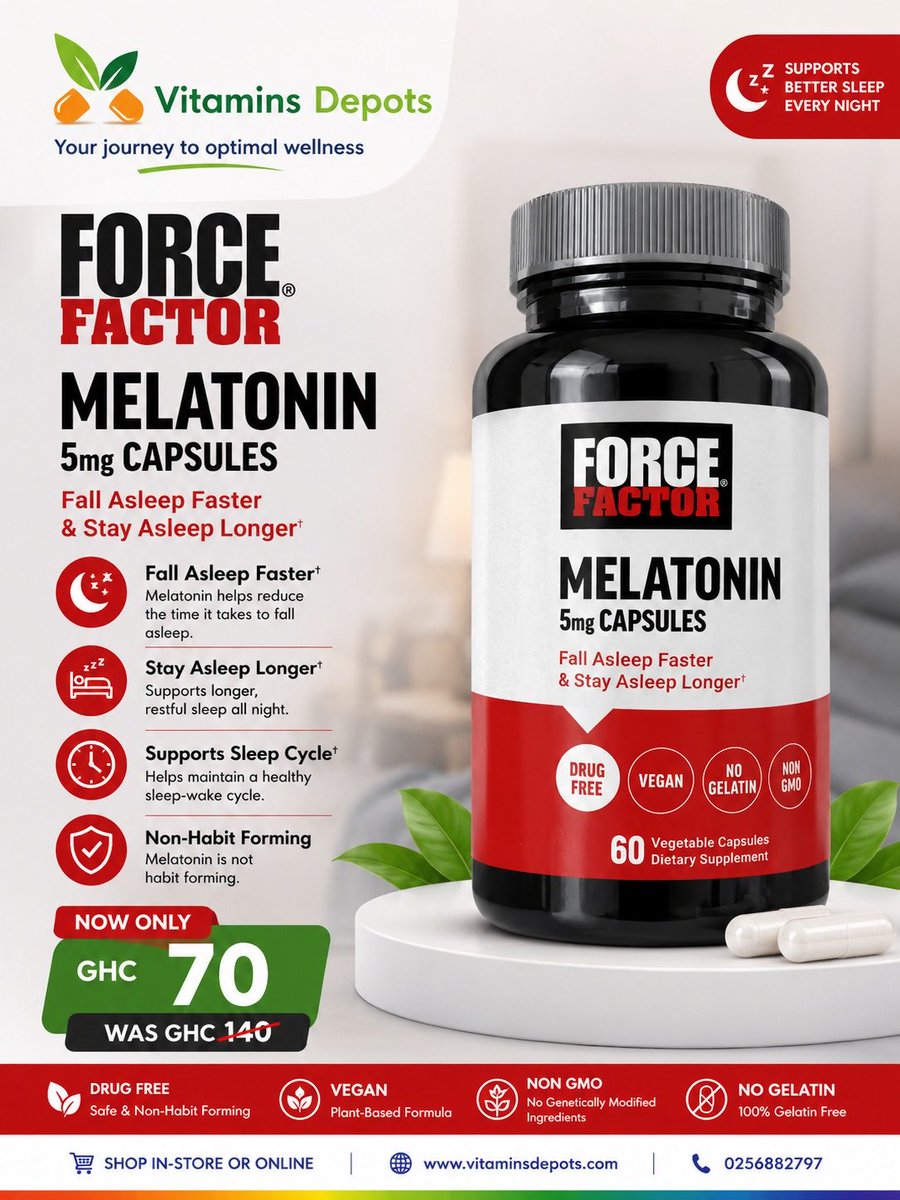 Vitaminsdepots's tweet photo. Rest well. Rise right. 🌙✨

Force Factor Melatonin 5mg supports peaceful sleep so you can recharge and wake refreshed.

Now just Ghc70. Sleep better for less. 💚 https://t.co/ALGZmBcN31