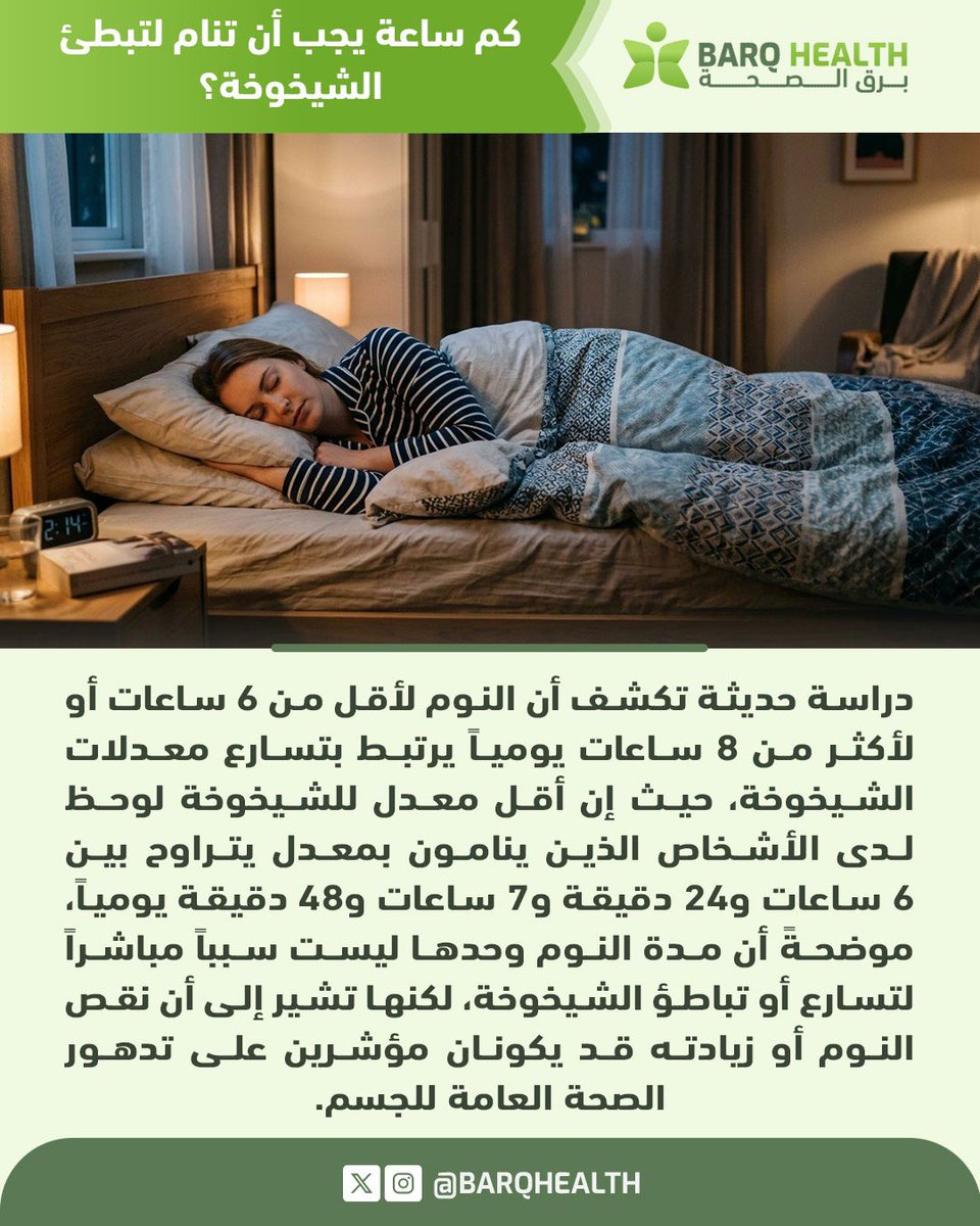 BARQHEALTH's tweet photo. كم ساعة يجب أن تنام لتبطئ #الشيخوخة؟

#برق_الصحة https://t.co/BIb3D9CeLG