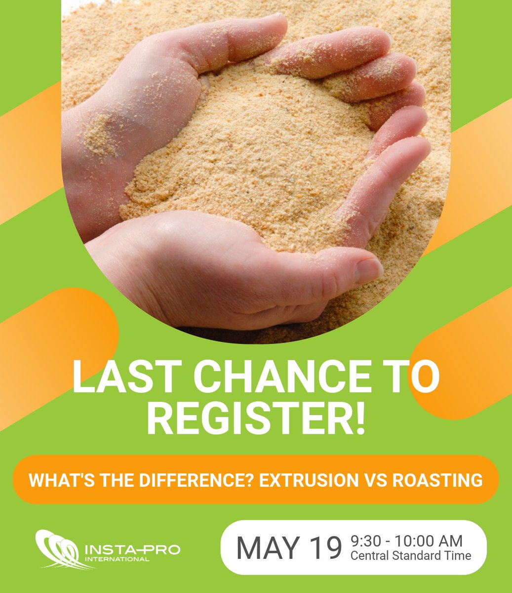 InstaProInt's tweet photo. Don't miss out! One day left to register for our High-Shear Dry Extrusion vs. Roasting webinar. Kathleen Mayo M.S. &amp; Scott Carroll share the differences in processing and how the nutritional value of soy meal improves when using the ExPress® system. https://t.co/2NviSKMJMu https://t.co/OI1Rk11ED1