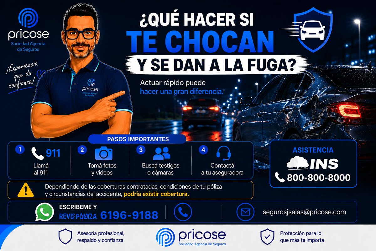 AgenteSalas's tweet photo. 🚗💥
¿Te chocaron y huyeron?

⚠️ Actuá rápido: 
✅ 911
✅ Fotos y videos
✅ Testigos o cámaras
✅ Contactá a tu aseguradora

📞 INS: 800-800-8000

📲 6196-9188
📧 segurosjsalas@pricose.com https://t.co/EEheFJfWiJ