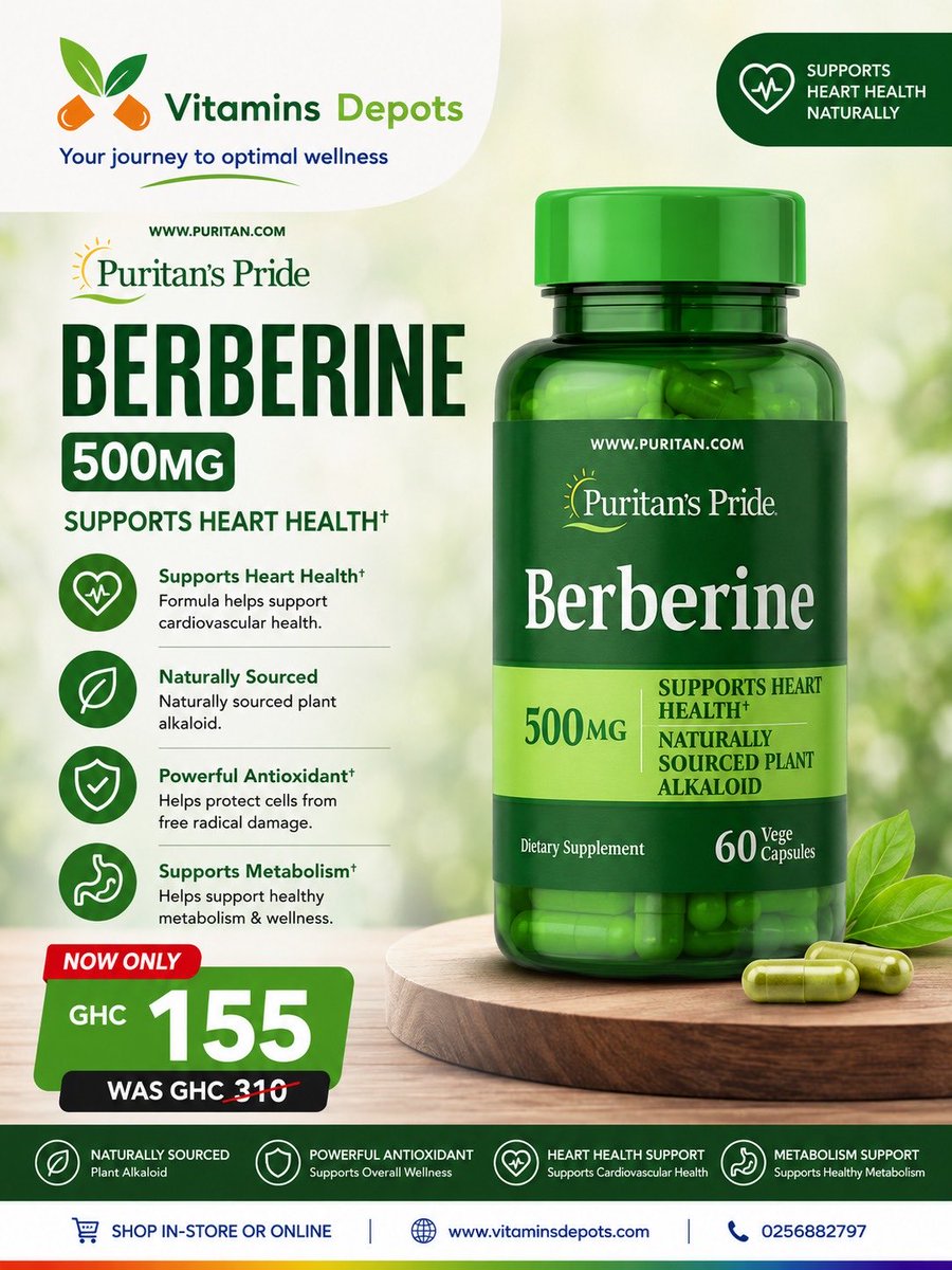 Vitaminsdepots's tweet photo. Balance blood sugar. Support metabolism. Feel better.

Puritan’s Pride Berberine 500mg, 60 Capsules, supports healthy blood sugar levels, metabolic function, and overall wellness while helping you stay on top of your health goals.

Now just Ghc155. Wellness that works smarter. https://t.co/zYpkOfa8oO