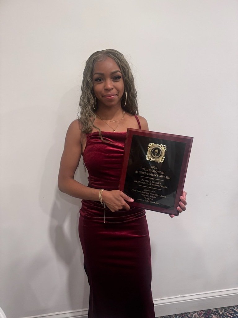 SESDRAMS's tweet photo. KDHS junior, Zaniyah Ducker was honored at the York Area Bowling Proprietors’ Association Turnaround Achievement Awards on 5/12/26.  This award recognizes exceptional perseverance, personal growth, and positive change academically, behaviorally, and personally. https://t.co/Tbw44K6gGr