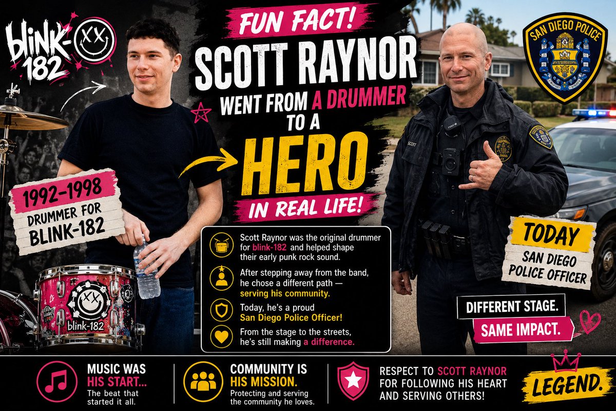 Americasupport2's tweet photo. Scott Raynor went from being the original drummer of blink-182 🥁 to serving as a San Diego Police Officer 👮‍♂️🇺🇸

Different stage. Same impact. 🔥

#Blink182 #ScottRaynor #BackTheBlue https://t.co/rDzNgcsngv