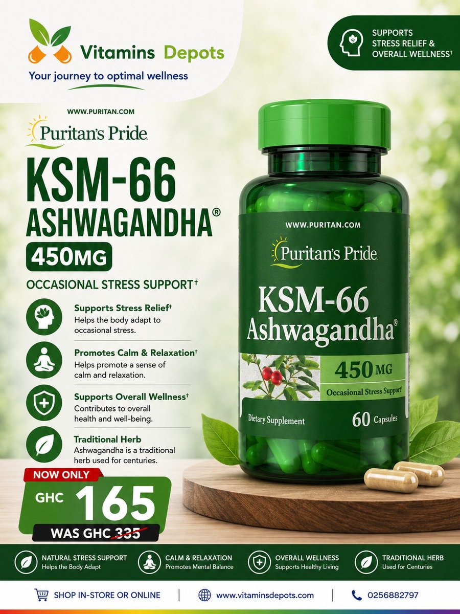 Vitaminsdepots's tweet photo. Stress less. Stay balanced. 🌿✨

Puritan’s Pride KSM-66 Ashwagandha 450mg, 60 Capsules, supports calm, focus, and everyday wellness.

Now just Ghc165. Balance made simple. 💚 https://t.co/LjNJyLwyH5