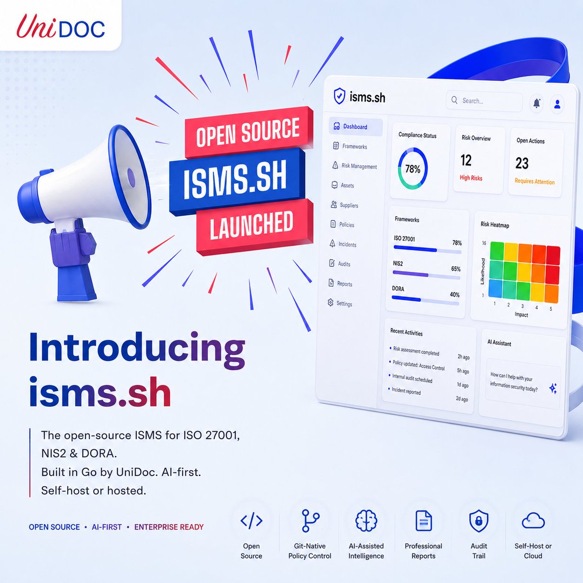 UniDocLib's tweet photo. We looked at Vanta, Drata, and the rest. Expensive, closed-source, and built for compliance theater. So we built https://t.co/g94hwVQdua

Open-source, AI-first ISMS for ISO 27001, NIS2 &amp; DORA. Built by a team that actually runs audits on itself. GitHub: https://t.co/7Kfs9cLXxq https://t.co/Jk81Yg4Bmt