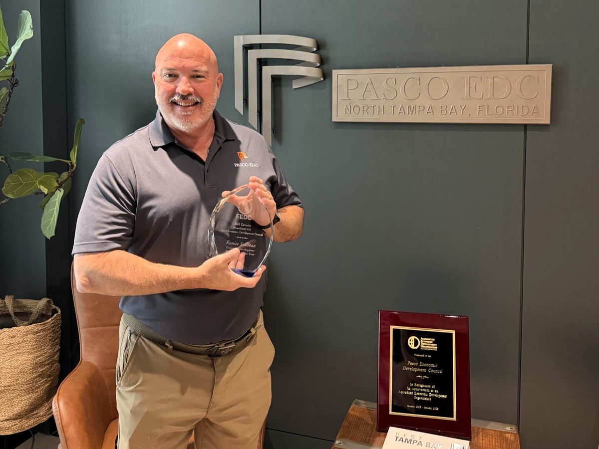 smartstartpasco's tweet photo. Congratulations to Pasco EDC President/CEO, Bill Cronin, for being recognized as the 2026 Eunice Sullivan Economic Development Professional of the Year! Bill was recognized for 30 years of experience in economic development and serving with multiple non-profit and community organizations. 

The award was first given in 1985 and was renamed in 1991 to honor Eunice Sullivan for her outstanding dedication and commitment to the economic development profession and the @FloridaEDC #PascoProud #FEDC2026
