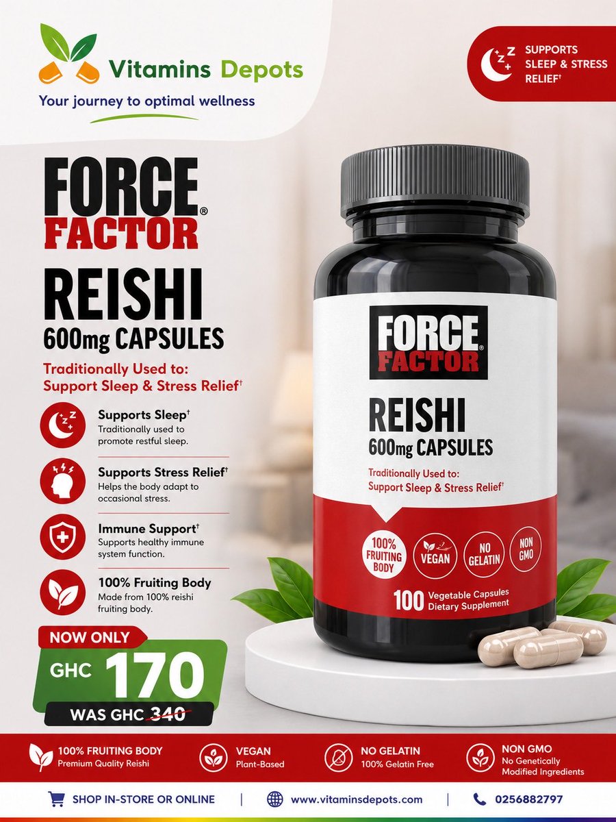 Vitaminsdepots's tweet photo. Calm mind. Strong body.

Force Factor Reishi 600mg, 100 Capsules, supports stress balance, immune wellness, and everyday vitality.

Now just Ghc170. Wellness made simple. https://t.co/b30MlQUK3s