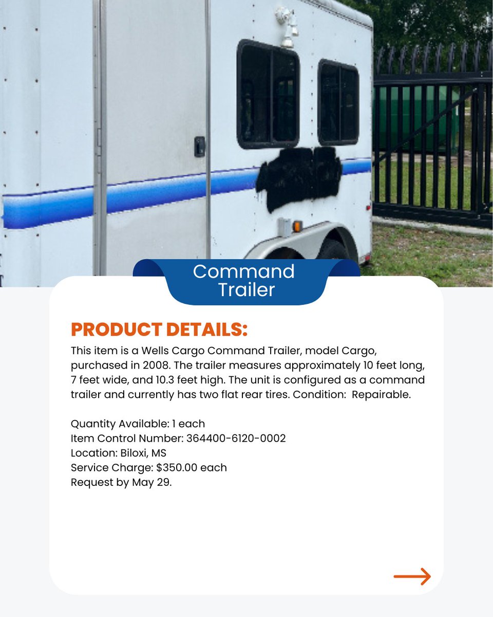 GAStateSurplus's tweet photo. Request this Command Trailer from GA DOAS Surplus by May 29! Email doasfedsur@doas.ga.gov with item name, quantity, and contact info. Must be enrolled in the GA Surplus Property Program. #SurplusProperty #GeorgiaDOAS #CommandTrailer https://t.co/lk6s30dmUU