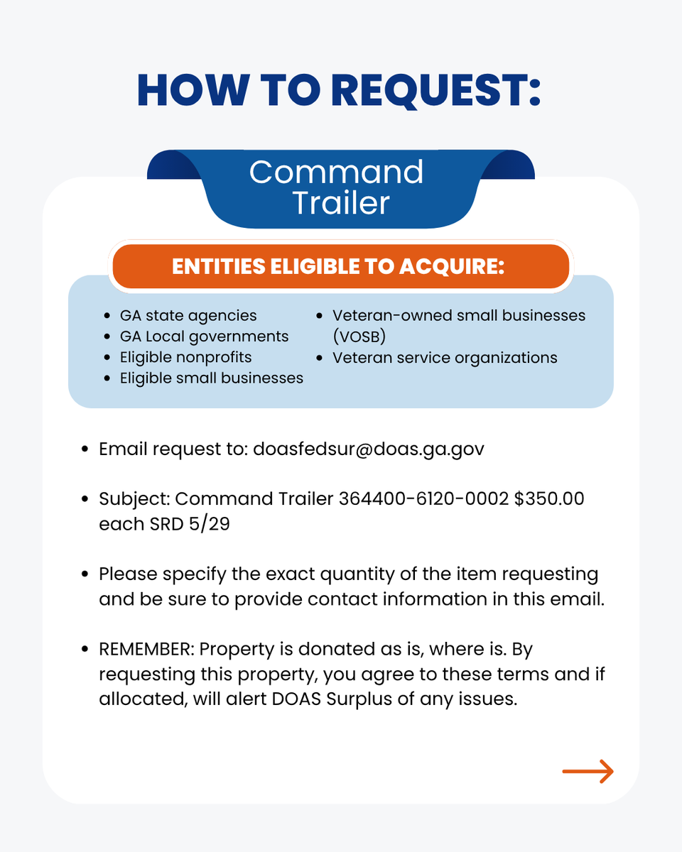 GAStateSurplus's tweet photo. Request this Command Trailer from GA DOAS Surplus by May 29! Email doasfedsur@doas.ga.gov with item name, quantity, and contact info. Must be enrolled in the GA Surplus Property Program. #SurplusProperty #GeorgiaDOAS #CommandTrailer https://t.co/lk6s30dmUU