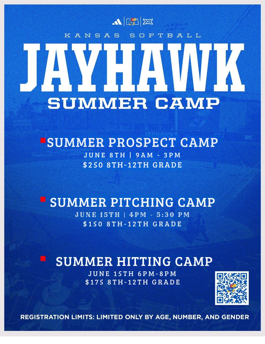 KUSoftball's tweet photo. Sign up for our Kansas softball summer camps! 🥎

More info➡️ https://t.co/w1xIGlUAHQ https://t.co/jLwgLjfBcV