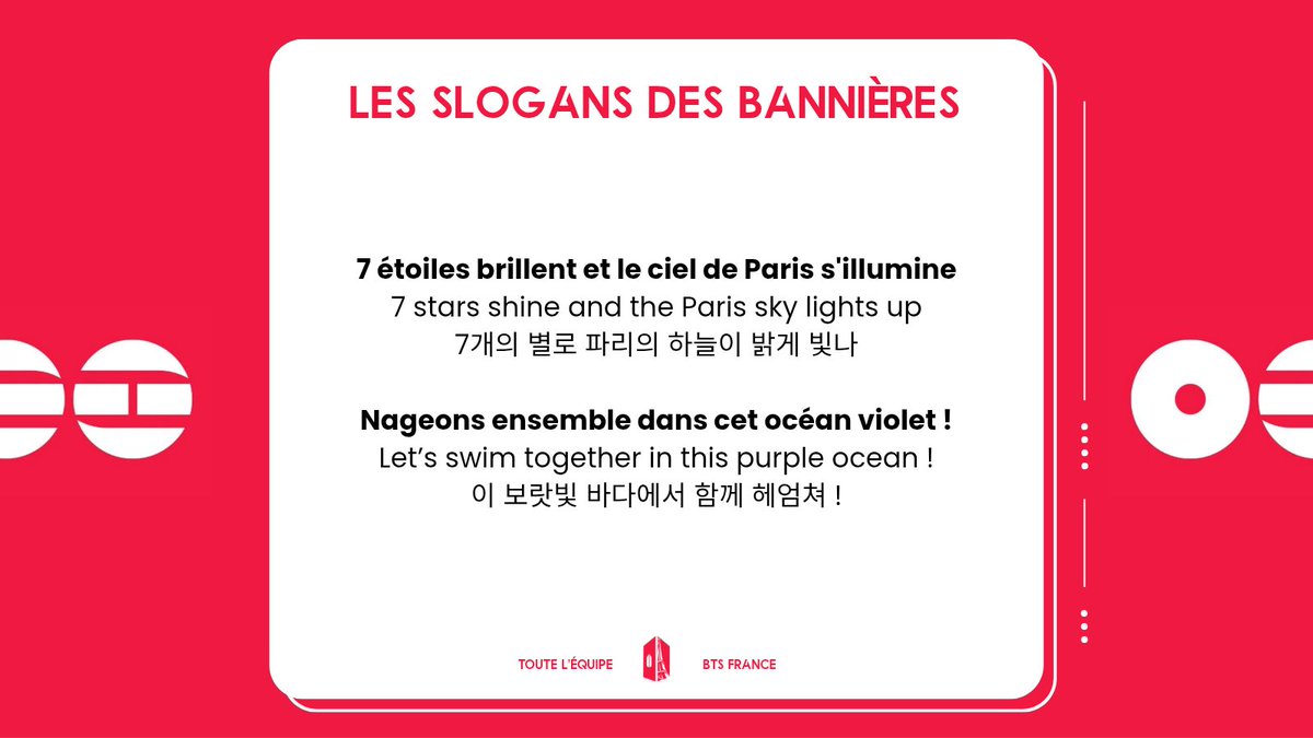 BTSFRANCE_'s tweet photo. PROJET | ARIRANG TOUR • BTS

Vous nous les avez suggérés et vous les avez choisis après 3 séries de votes. Voici les slogans retenus pour les bannières des concerts de BTS :

« 7 étoiles brillent et le ciel de Paris s'illumine »
&
« Nageons ensemble dans cet océan violet ! »

@ARMYFRANCE_ @UAFvotesxCharts
@BTS_France_twt

#BTS @BTS_twt #BTS_ARİRANG #bts_worldtour_arirang_goyang