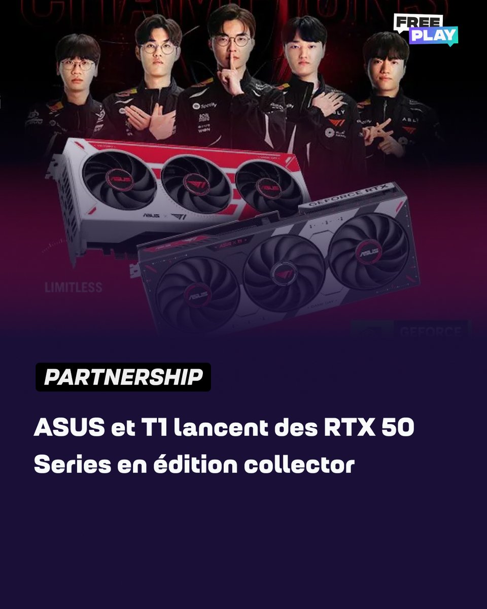 FreeplayTalk's tweet photo. @T1LoL x @ASUS 🤝

T1 et ASUS ont officialisé une collaboration autour de deux cartes graphiques en édition spéciale : les GeForce RTX 5070 T1 Edition et RTX 5060 Ti T1 Edition.

Pensées comme des produits collectors pour les fans de l’organisation coréenne, les cartes intègrent les couleurs officielles de T1, des signatures de joueurs, des portraits de l’équipe et un packaging exclusif dédié à la structure.

Le partenariat s’appuie sur les nouvelles RTX 50 Series de NVIDIA, basées sur l’architecture Blackwell.

Niveau technique, les modèles s'appuient sur l'architecture Blackwell comprenant :
- des ventilateurs Axial-tech ASUS,
- un système MaxContact pour le refroidissement,
- une fabrication Auto-Extreme
- une version personnalisée du logiciel GPU Tweak III aux couleurs de T1.

L'entreprise n'hésite encore une fois pas à porter cette initiative par Lee Sang-hyeok @faker dont l'apparition dans la publicité Google Play aux côtés de Karina de @aespa_official a fait beaucoup parler.