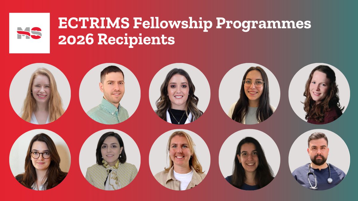 ECTRIMS's tweet photo. 🎉Congratulations to this year's recipients of the 2026 ECTRIMS Fellowship Awards! Our fellowship programmes help advance knowledge and expertise in the field of hashtag#MultipleSclerosis and related neurological conditions. Investing in future leaders is a core part of our mission and an important step toward advancing research, innovation, and patient care worldwide.

Learn more about this year's awardees ➡️ https://t.co/TeGYJ2nONH

Meet the 2026 ECTRIMS Fellowship Award recipients: 

Clinical Training: Cândida Driemeyer, Andreas Liampas, & Camila Lopes Figueiredo

Postdoctoral Research: Silvia Corbisiero, Hanna Frank & Anna Stölting

Nurse and Allied Health Professionals Training: Elnaz Melhi

Application of Magnetic Resonance Imaging Studies in MS with MAGNIMS: Mar Barrantes Cepas & Lonneke Bos

(@MSIntFederation)-ECTRIMS McDonald Fellowship Programme: Reza Naeimi

NMOSD and MOGAD Research: Announcement coming soon!

#MSResearch #MSCommunity #Fellowships #Neurology #MS #ECTRIMSNextGen