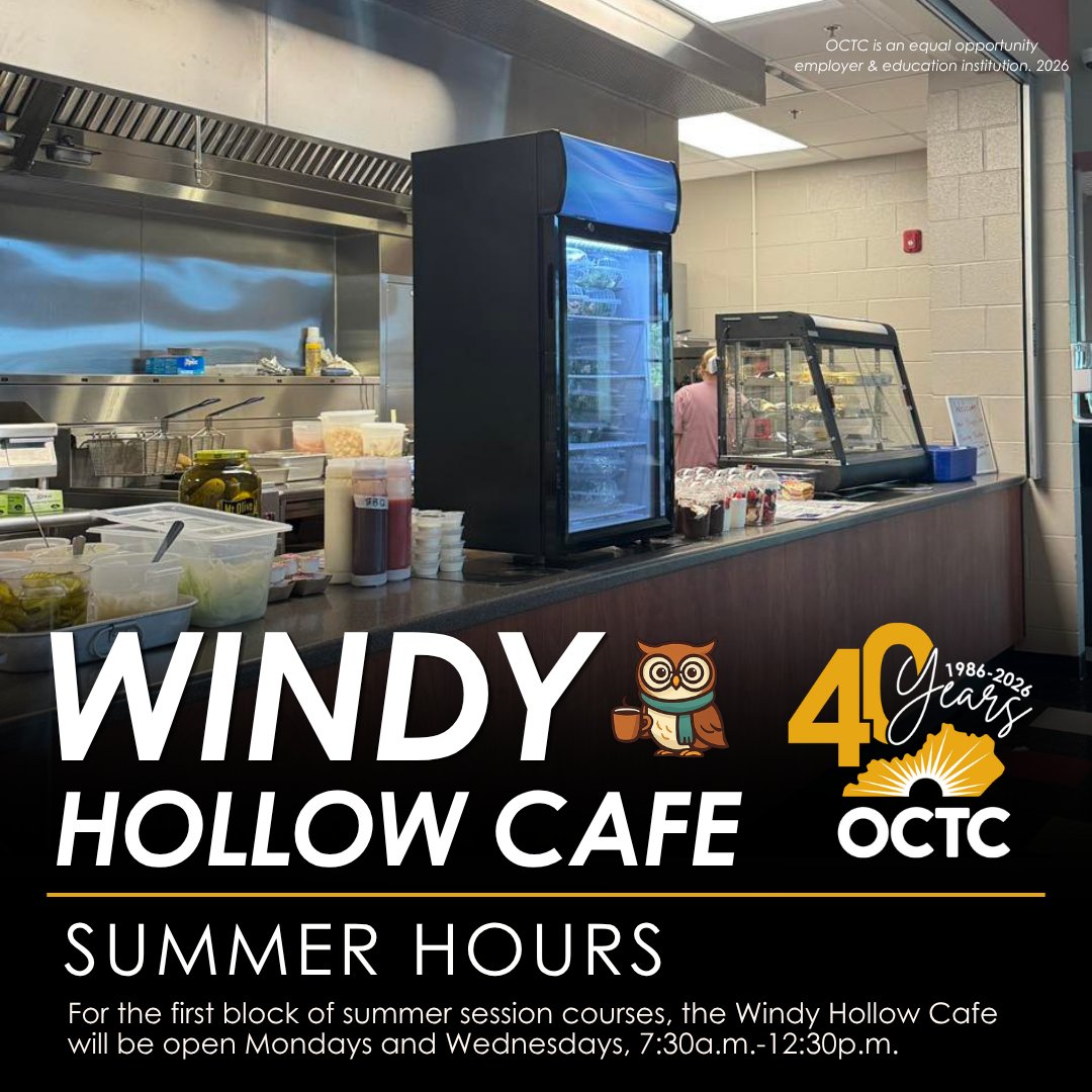 OCTC_Tweets's tweet photo. Summer hours are here at Windy Hollow Cafe! During the first block of summer session courses, the cafe will be open:

Mondays &amp; Wednesdays: 7:30 a.m. – 12:30 p.m. https://t.co/8GXDXWLirz