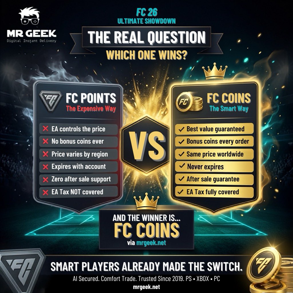 MrGeek_net's tweet photo. FC Points or FC Coins? Let the stats decide.

Link in bio.

FC Points or FC Coins — which do you use? Comment below. 👇

#MrGeekFCCoins #MrGeekFIFACoins #MrGeekFUTCoins #MrGeekFC26Coins #MrGeekFCUltimateTeam https://t.co/1n4NNnWDHk