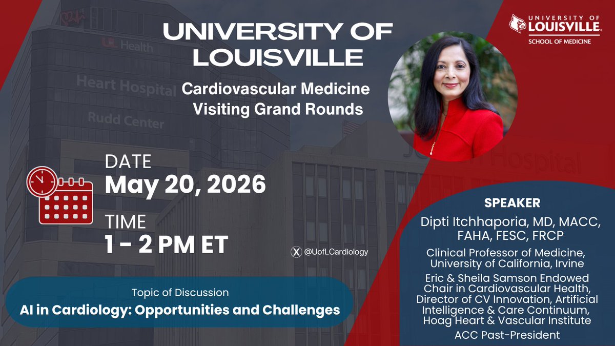 UofLCardiology's tweet photo. Please join our guest speaker @ditchhaporia from @UCIrvine @hoaghealth for this week's visiting #Cardiology Grand Rounds! #AIinCardiology 

🗓️Wed, May 20th 
⏰1 - 2 PM ET  
🔗For zoom link, register at https://t.co/swgTuIVZaw

@UofLMedicine @DineshKalra @ACCinTouch @UofLHealth https://t.co/MK6mqsMLn7